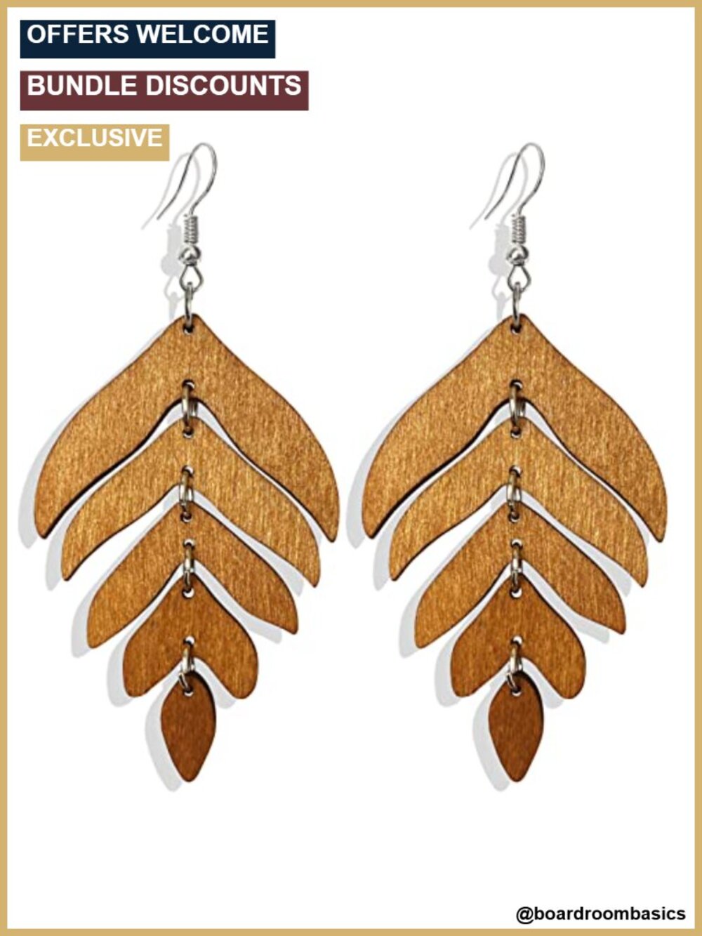 Handmade Wooden Leaf Drop Dangle Earrings Lightweight Bar Post